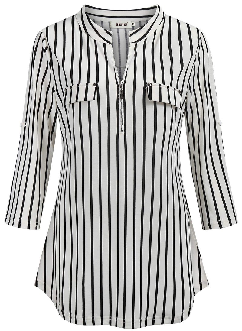 BEPEI Fall Clothes for Women,Dressy Casual Work Tops Cute 3/4 Sleeve Shirt Decorative Pockets Embellished Knitted Easy Fit Maternity Blouses Country Peplum Tunics Black White Stripe Plus Size 2025 2XL - Image 3